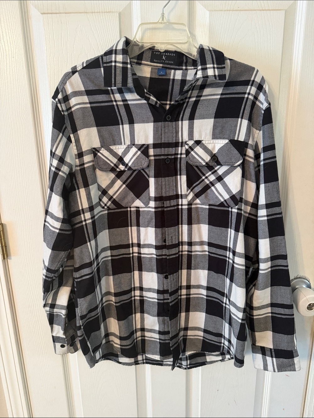 Black & White Plaid Flannel Shirt - Men's L